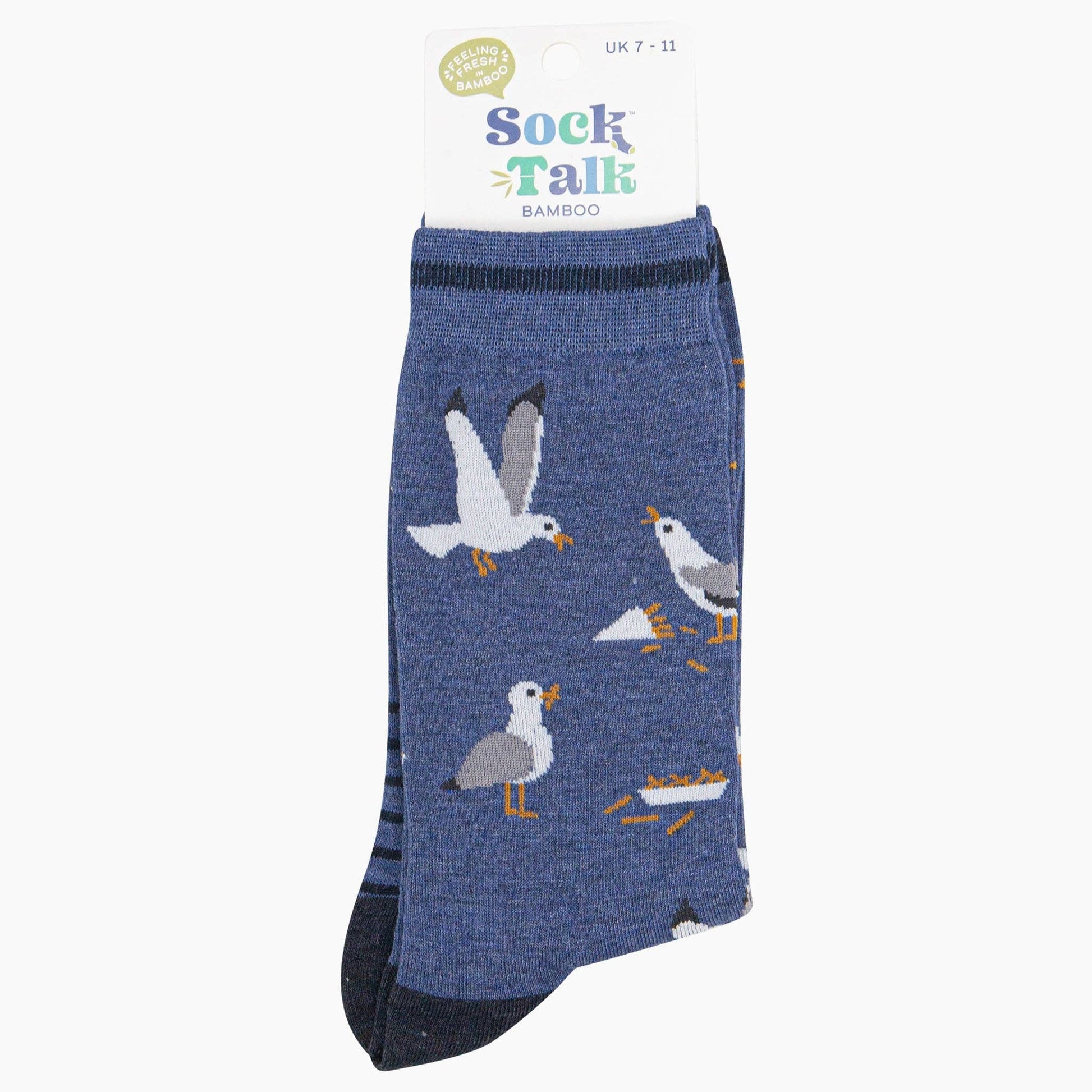 Blue sock with seagull design on a white background