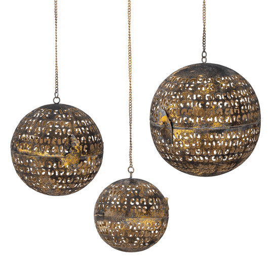 Three decorative spherical lamps with intricate designs on a white background