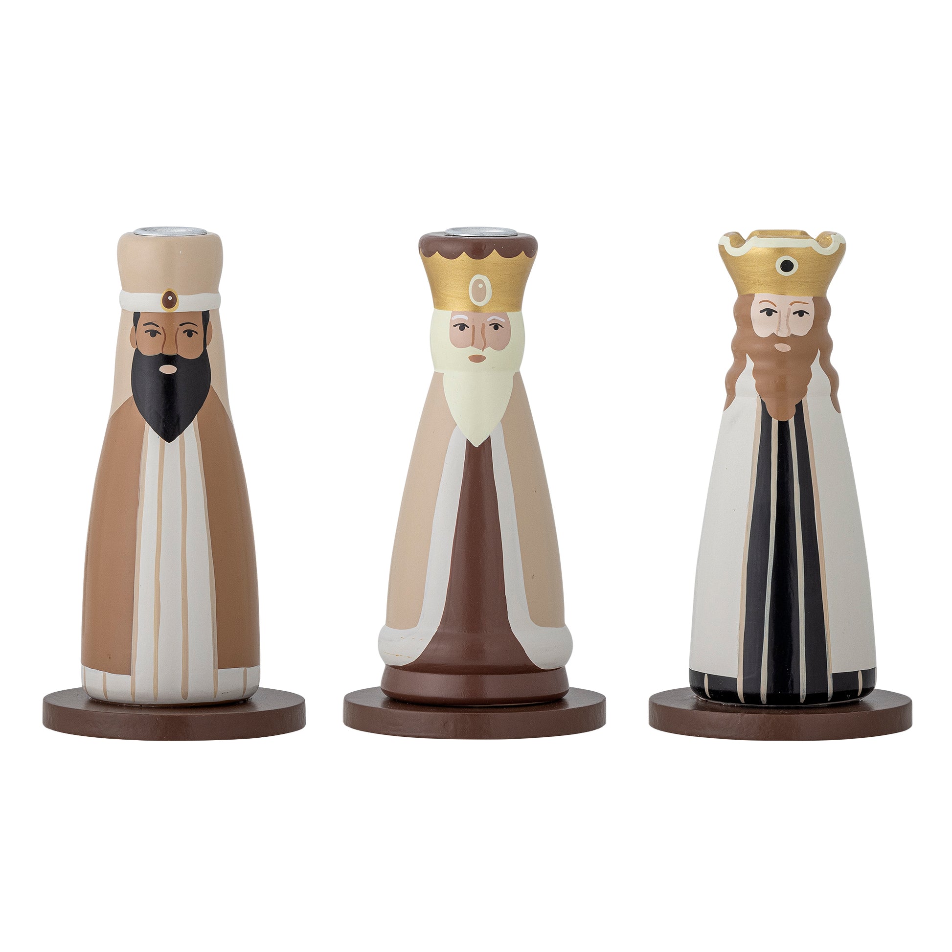 Three wise men painted candle holders on a white background