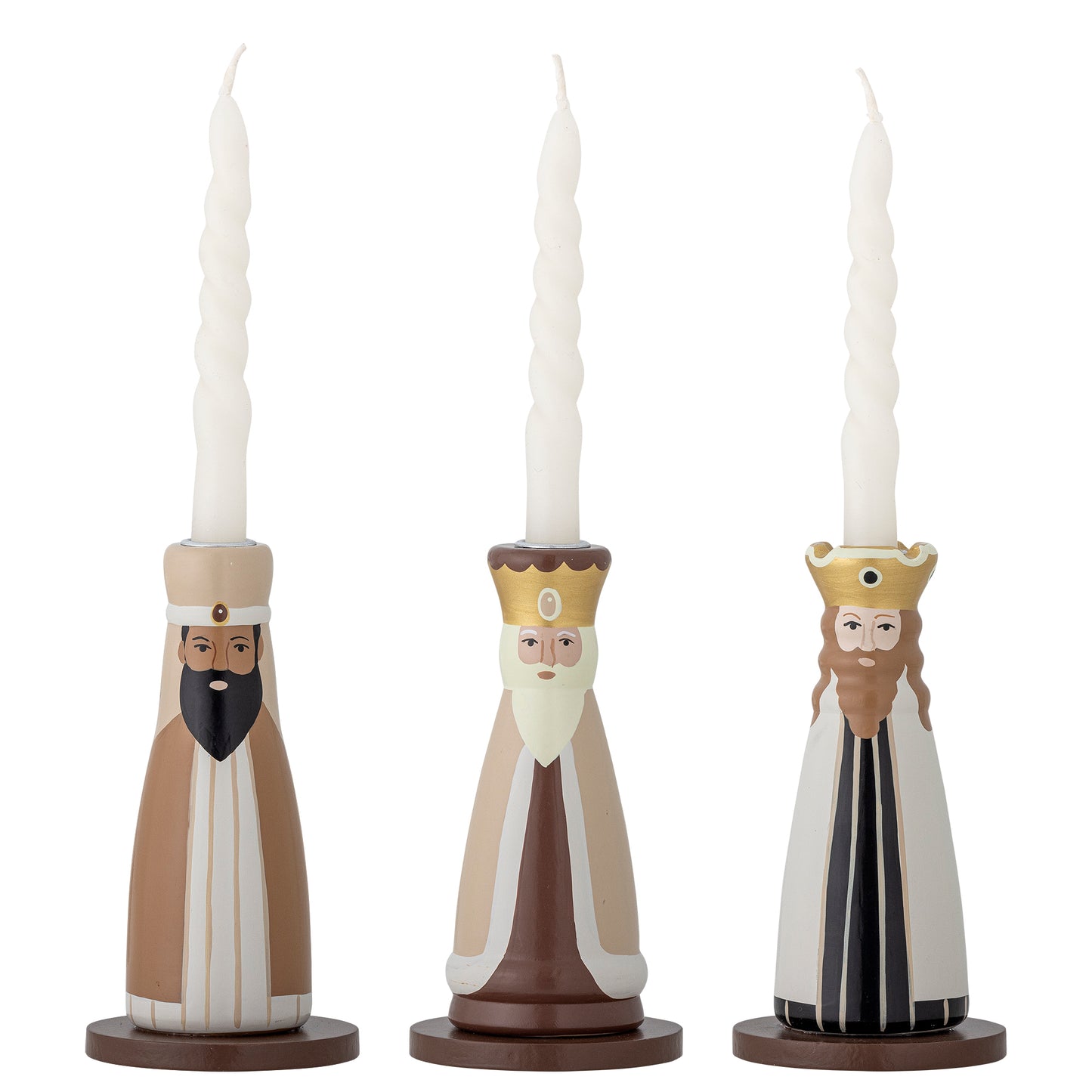 Three wise men painted candle holders on a white background with taper candles
