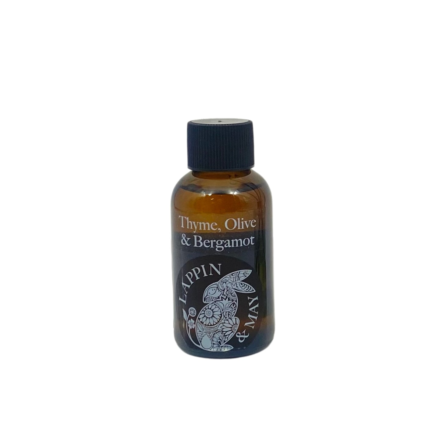 A small dark brown bottle with a black cap labeled 'Thyme, Olive & Bergamot' refills, indicating it is a fragrance or scent refill for a product.