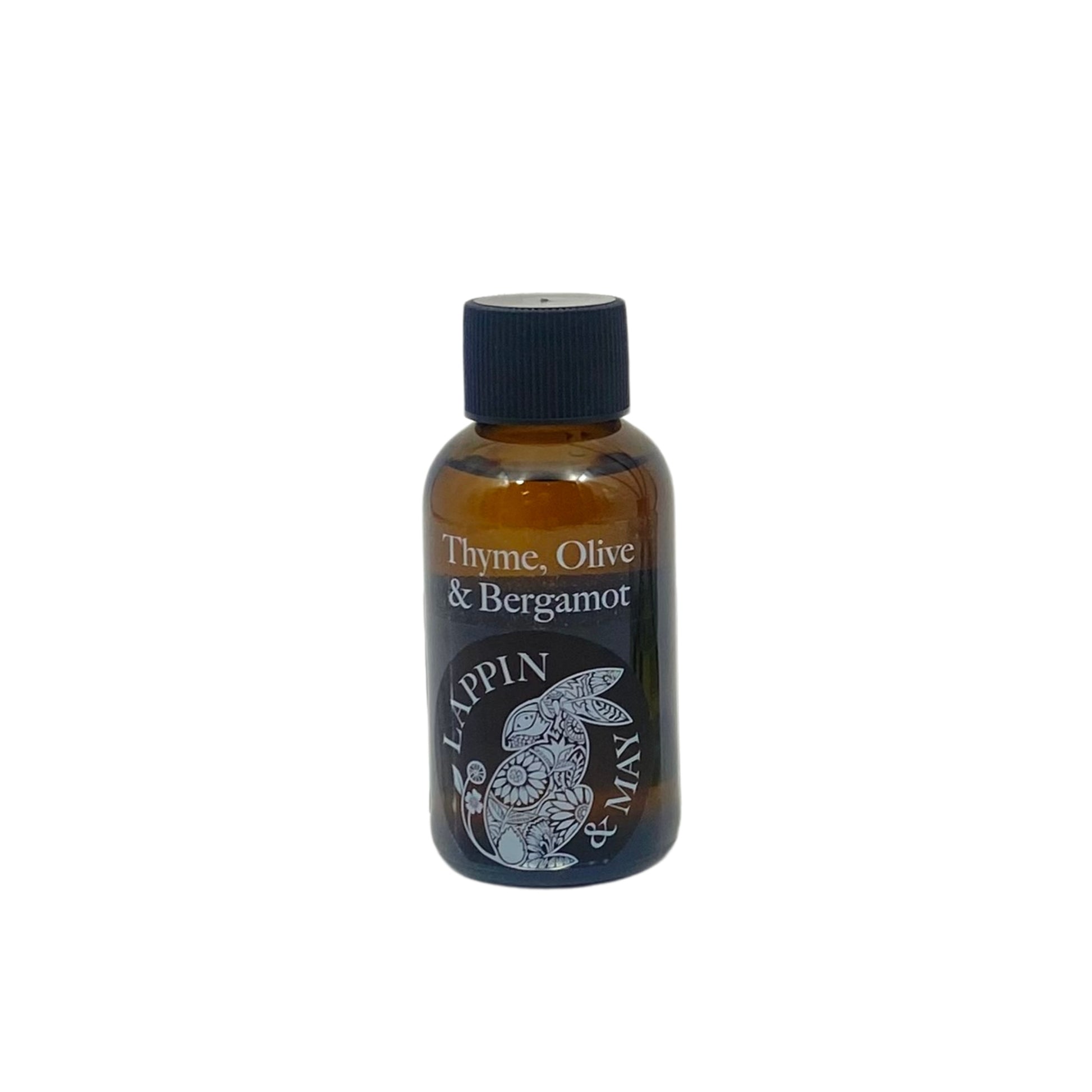 A small dark brown bottle with a black cap labeled 'Thyme, Olive & Bergamot' refills, indicating it is a fragrance or scent refill for a product.