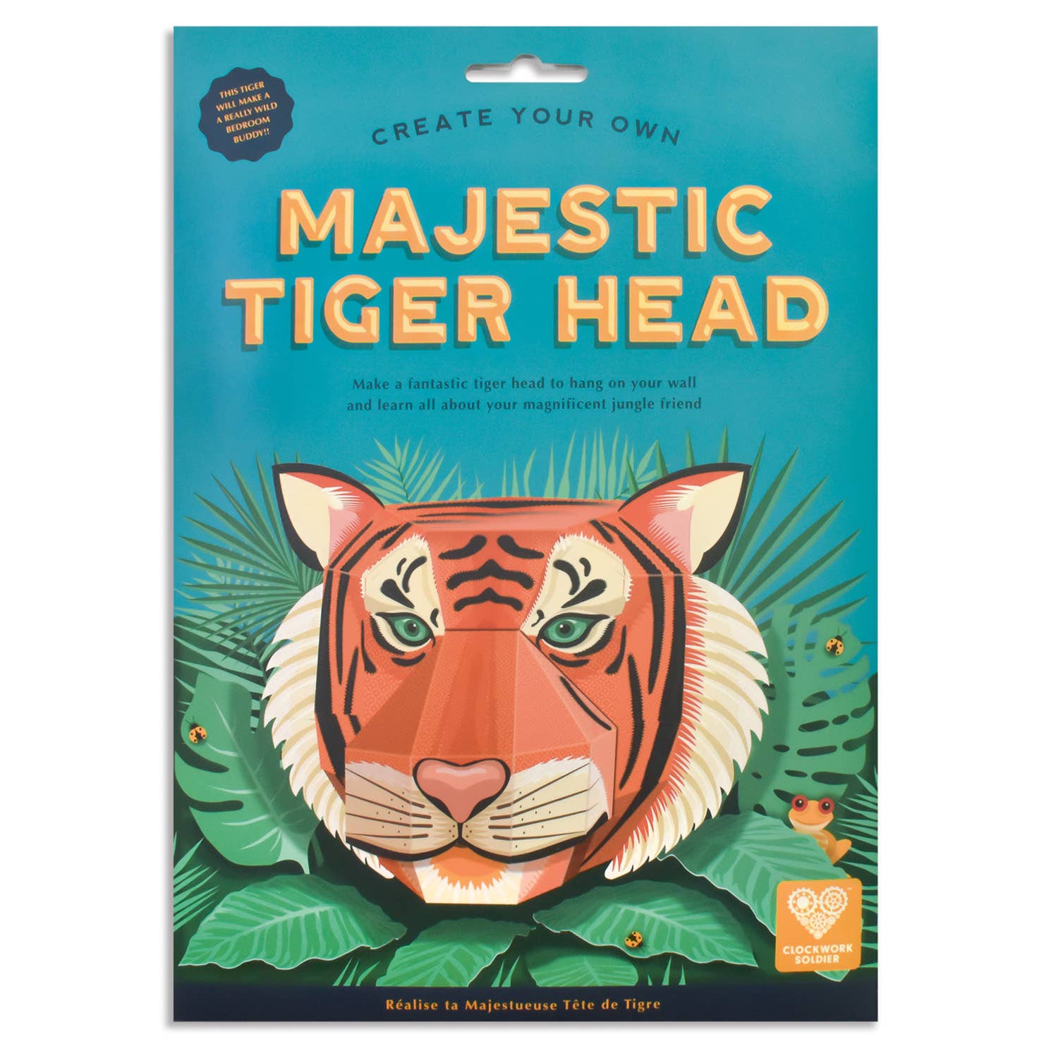 Packaging for 'Create Your Own Majestic Tiger Head' craft kit with tiger illustration and green leaves.