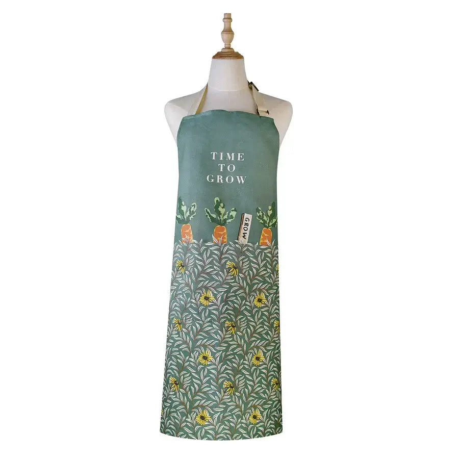 Green apron with 'Time to Grow' text and plant illustrations on a mannequin against a white background