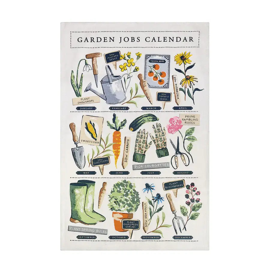 Garden jobs calendar with illustrations of gardening tools and plants on a white background