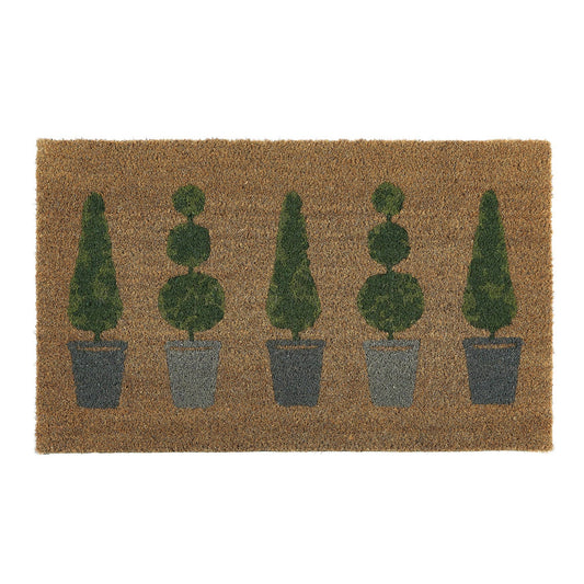Doormat with five potted plants design on a brown background