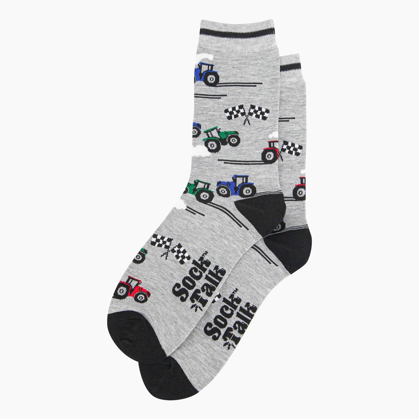 Gray socks with tractor patterns and 'Sock Talk' text on a white background