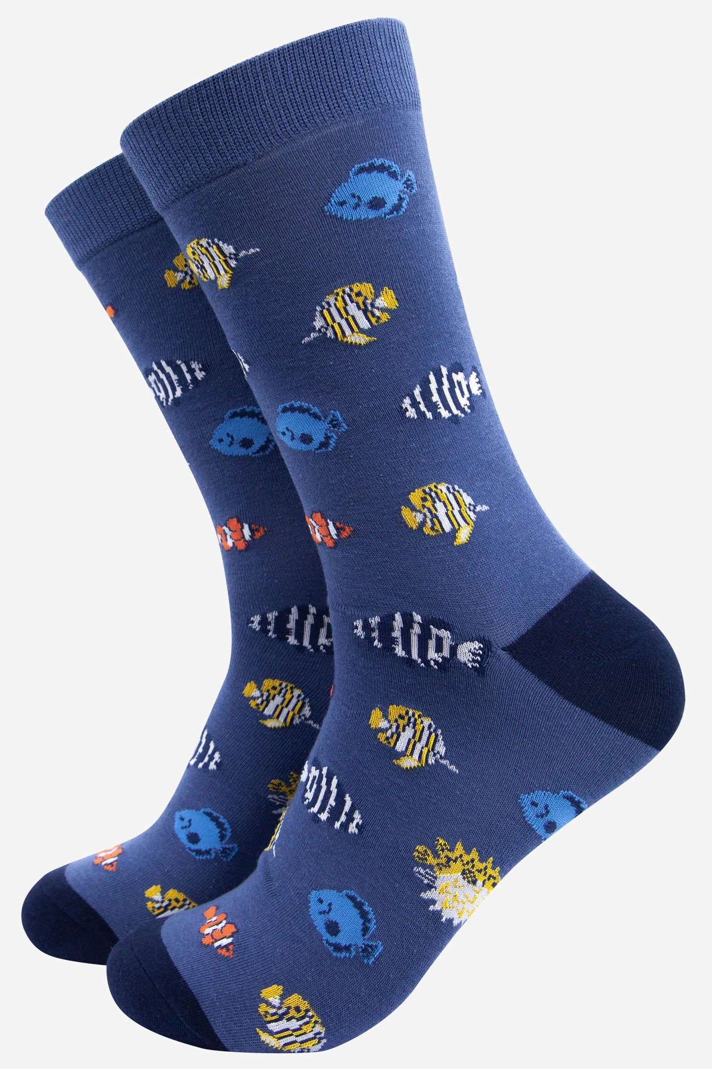 Blue socks with fish pattern on a white background