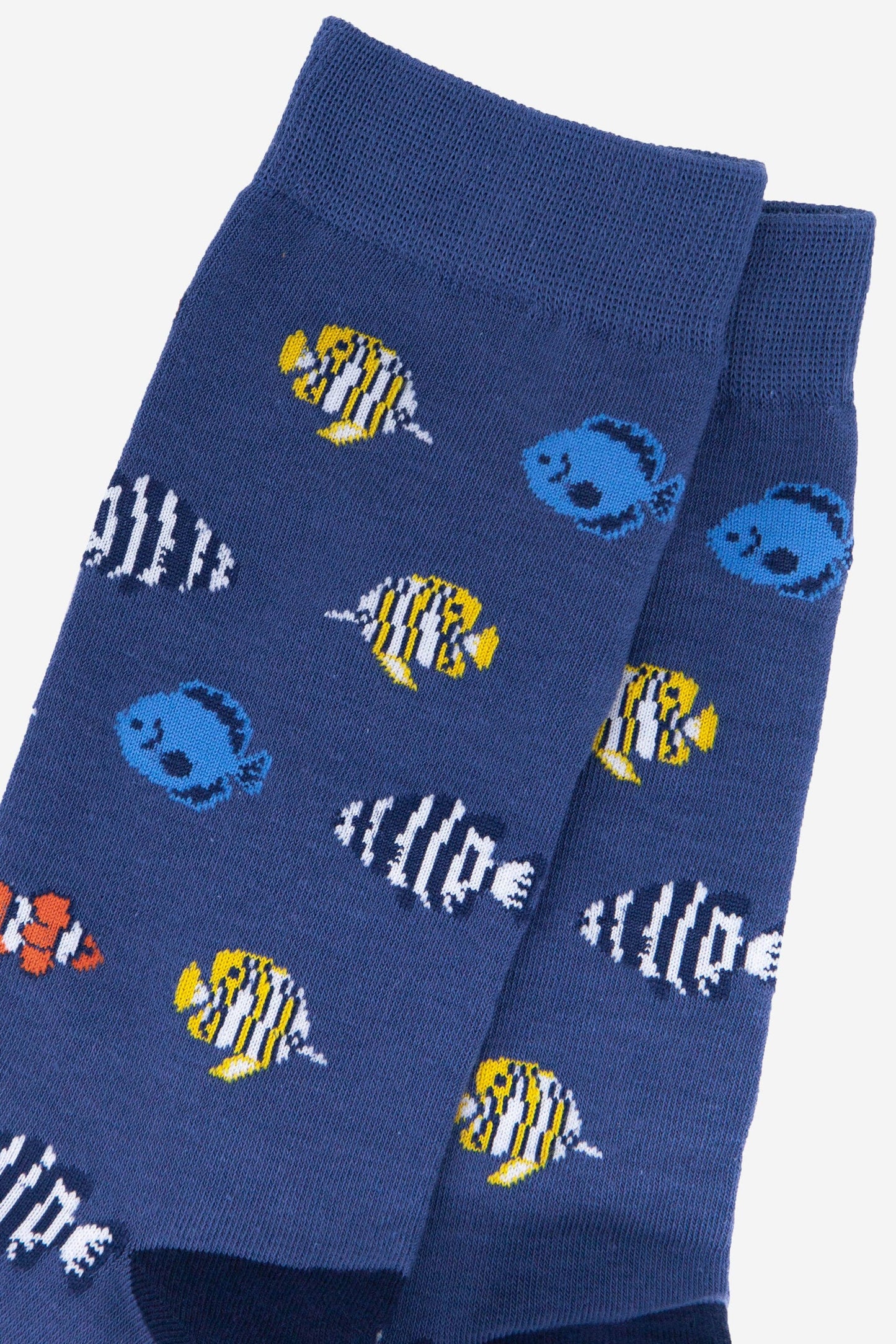 Blue socks with colorful fish pattern on a white background