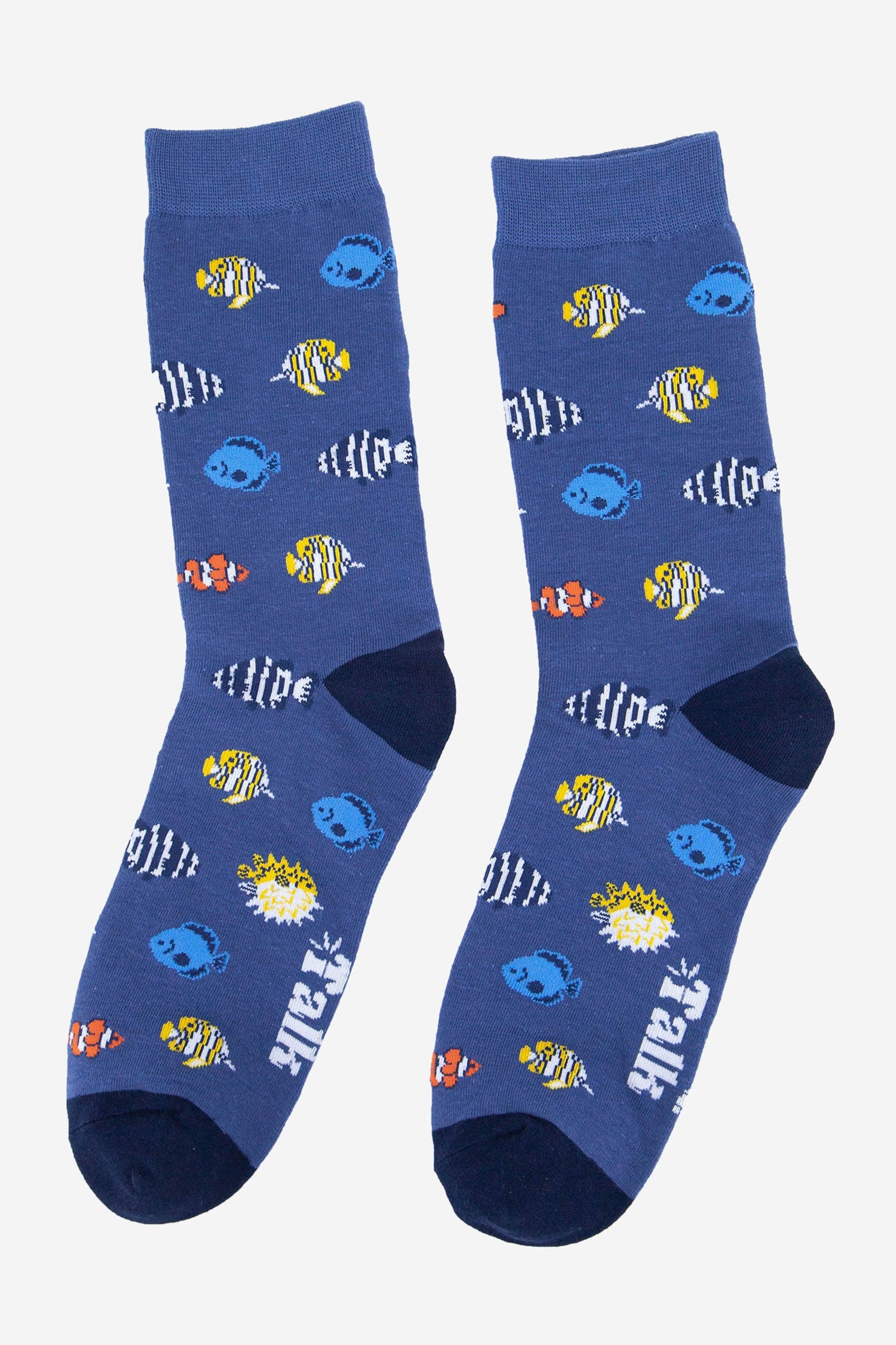 Blue socks with fish pattern on a white background