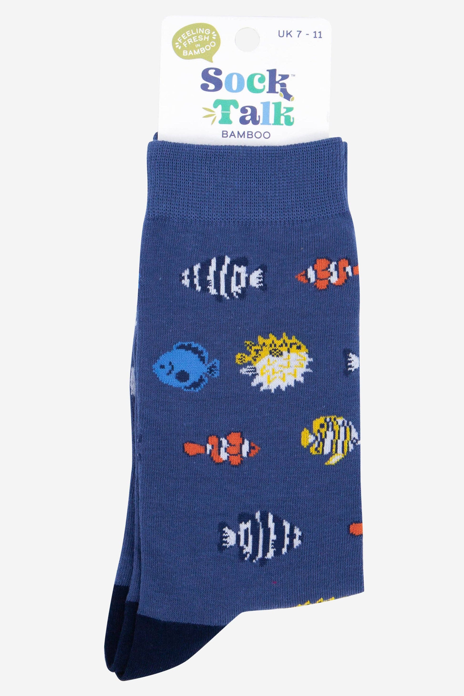 Blue sock with fish pattern on a white background, featuring 'Sock Talk' branding.