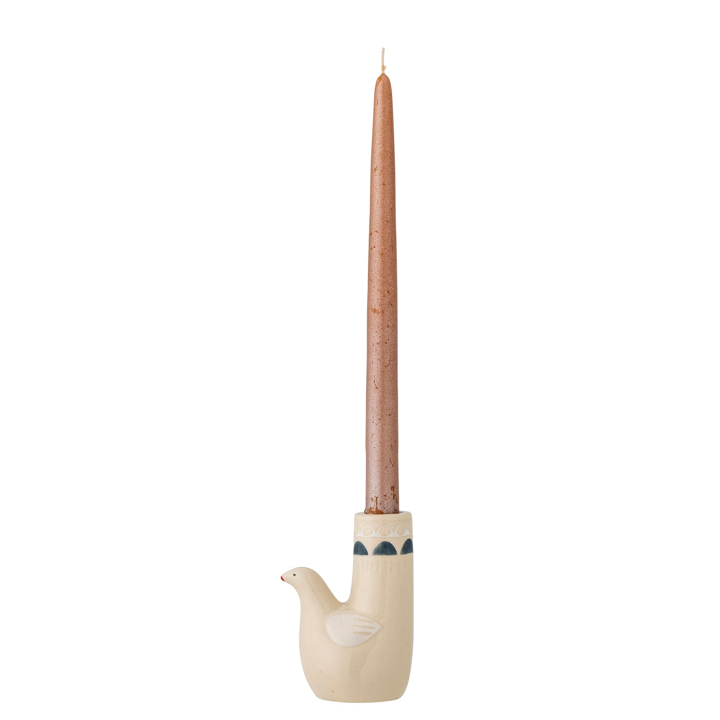 Ceramic bird-shaped candle holder with a tall brown candle on a white background