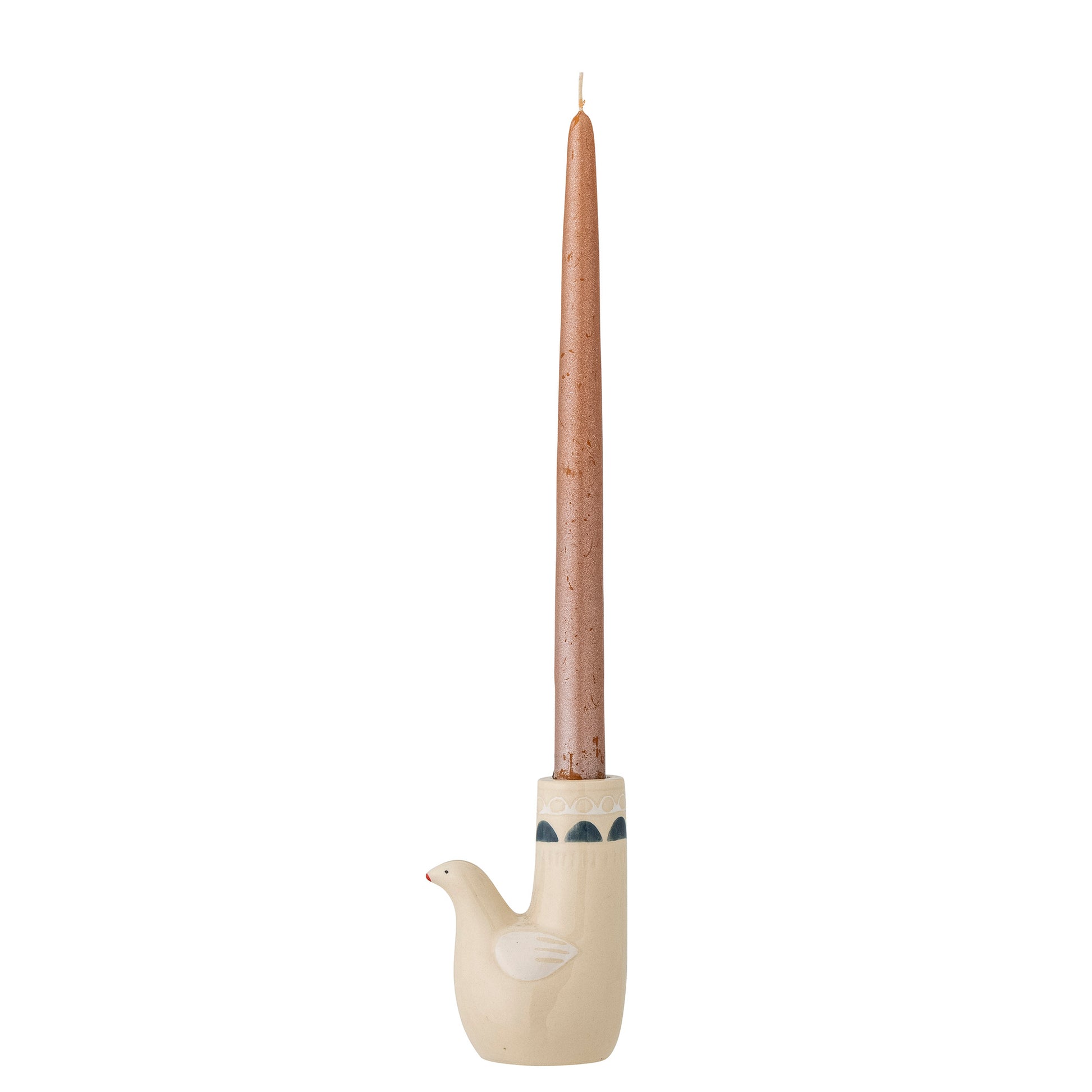 Ceramic bird-shaped candle holder with a tall brown candle on a white background