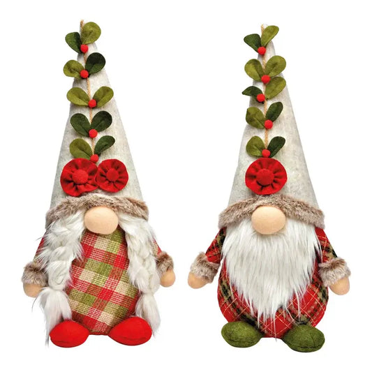 Two Christmas-themed gnomes with plaid outfits and floral hats on a white background