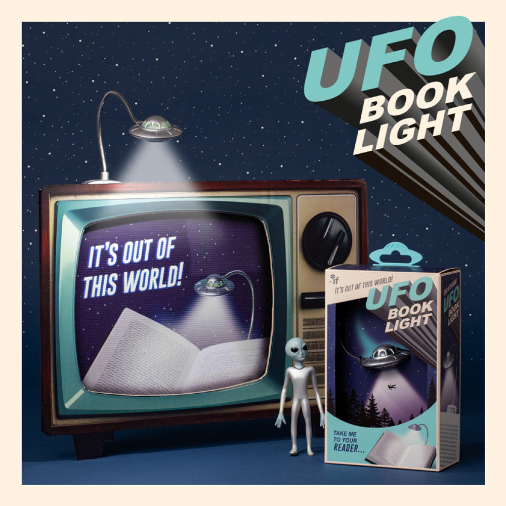 UFO book light with vintage TV and alien figure on a starry night background