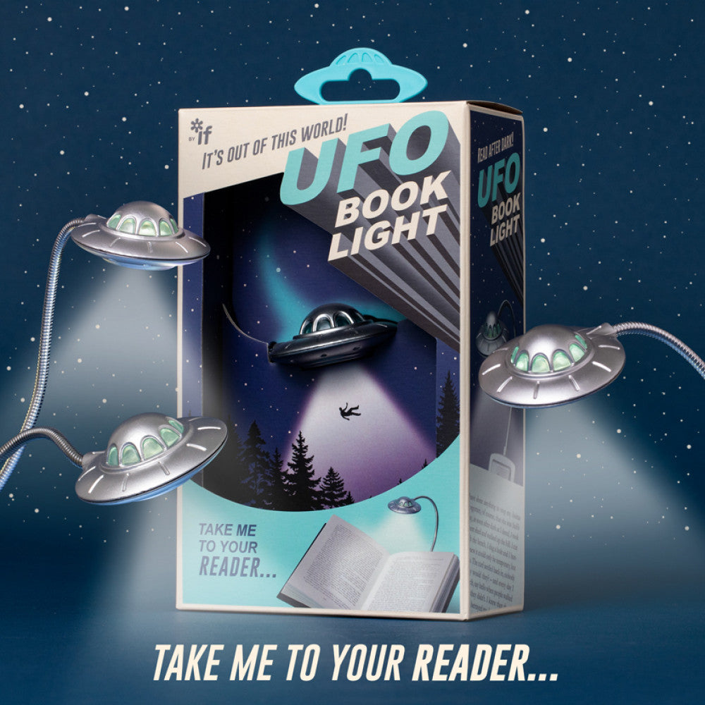 UFO book light with packaging on a starry night background