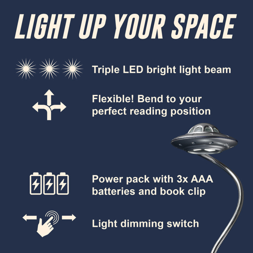 Advertisement for a flexible light with features listed on a blue background