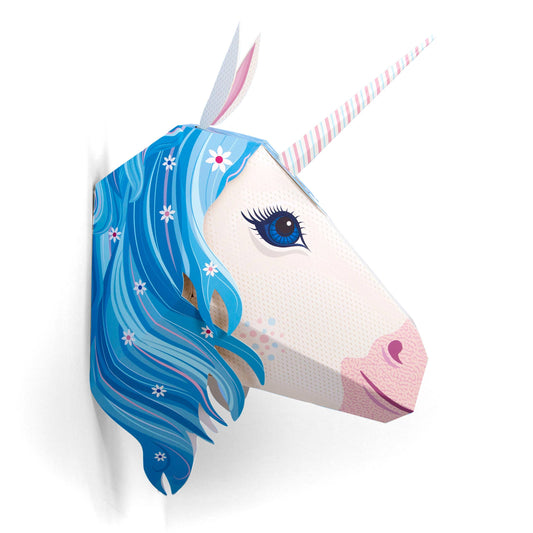 Unicorn head with blue hair and pink nose on a white background