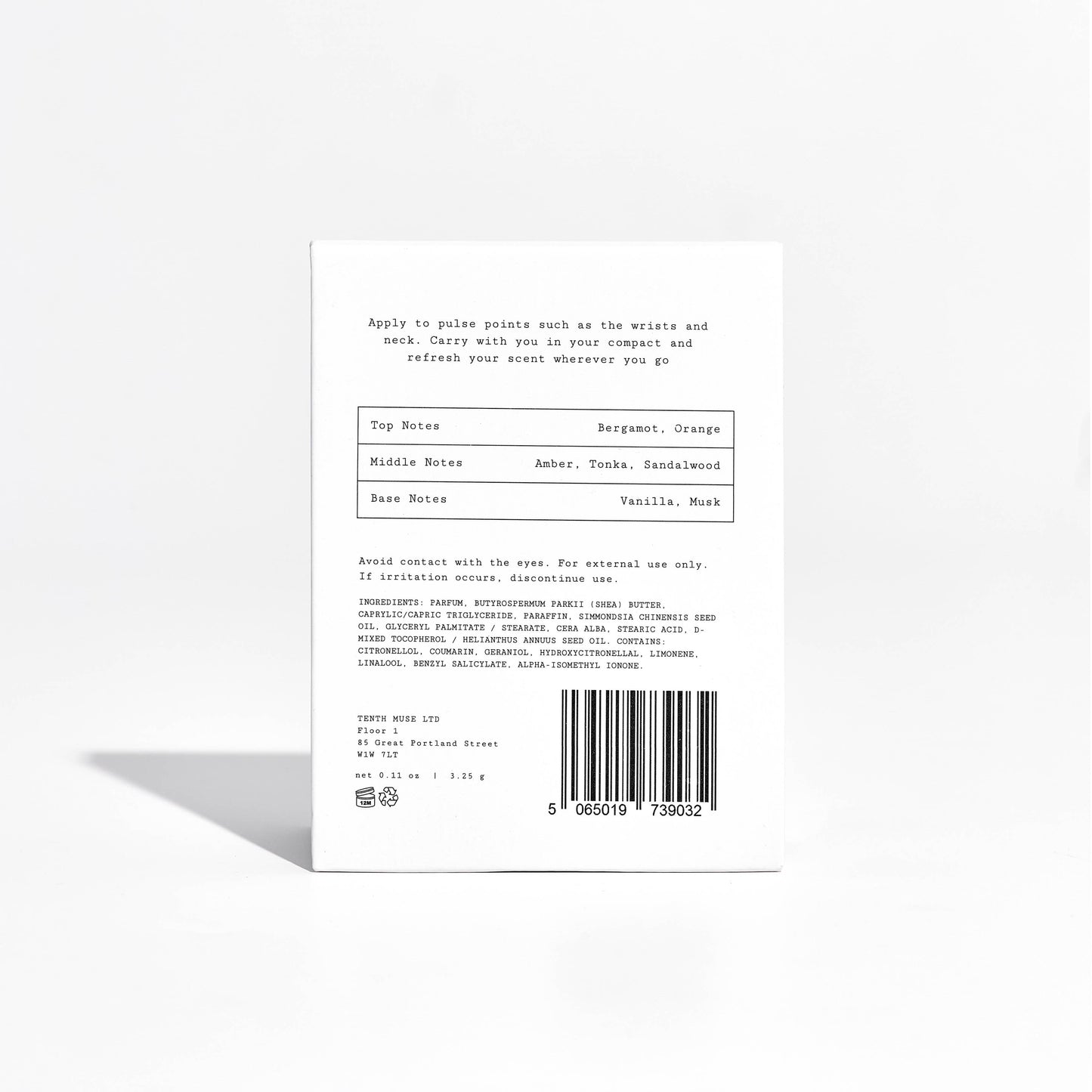 Back of a product packaging with text and a barcode on a white background