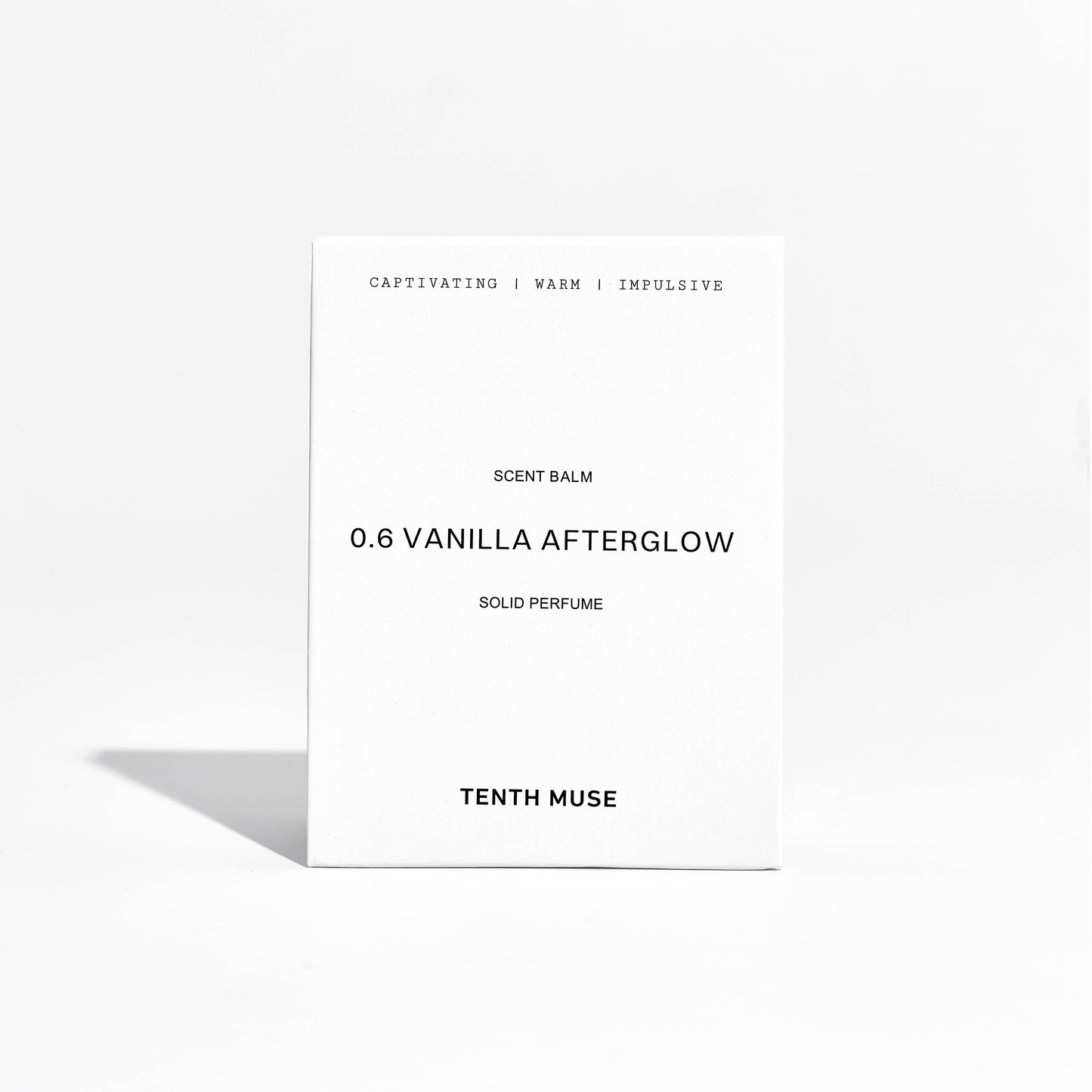Tenth Muse Vanilla Afterglow solid perfume packaging on a white background