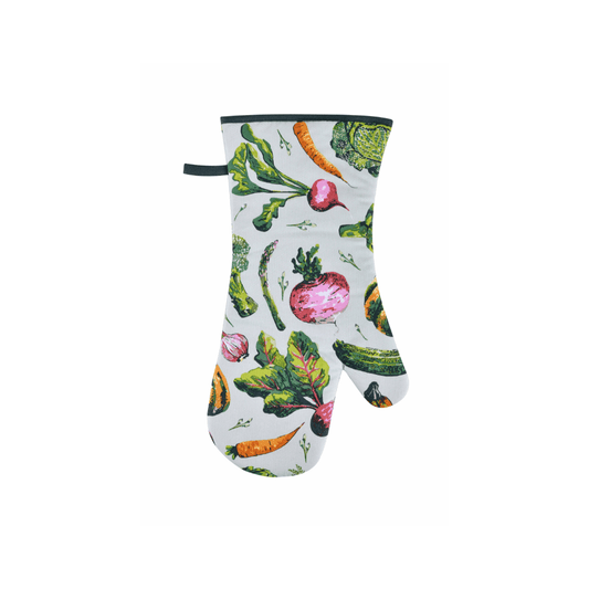 Oven mitt with vegetable pattern on a white background