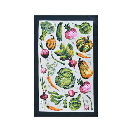 Tea towel with artwork of colorful vegetables on a white background