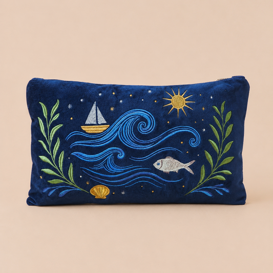 A navy blue velvet pouch featuring embroidered ocean-themed motifs including blue waves, a sailboat, a fish, a sun, and green seaweed, set against a solid beige background.