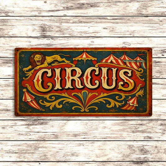 Vintage-style 'Circus' sign with a lion and circus tents on a wooden background