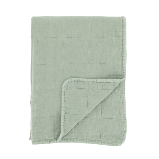 Green quilted blanket on a white background