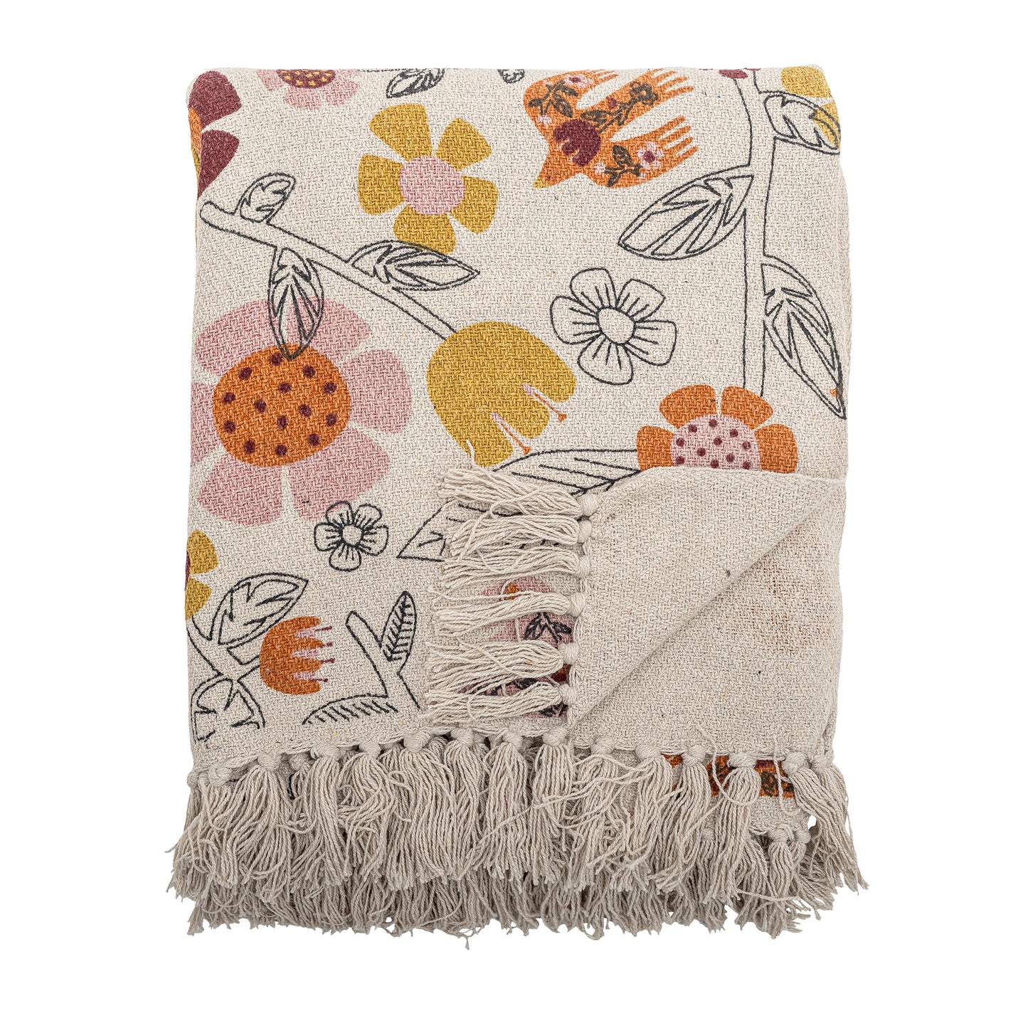 Floral patterned throw blanket with fringes on a white background