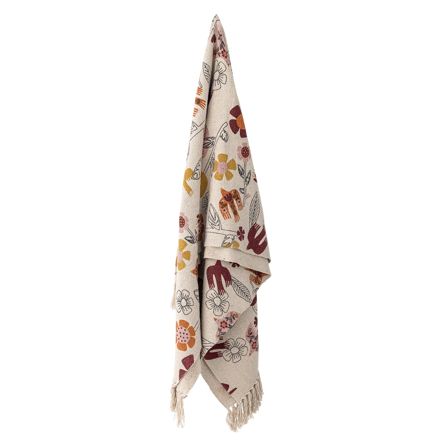 Beige towel with floral and abstract patterns on a white background
