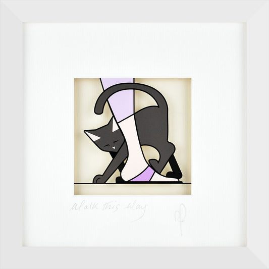 Illustration of a black cat walking on a person's foot with abstract geometric background