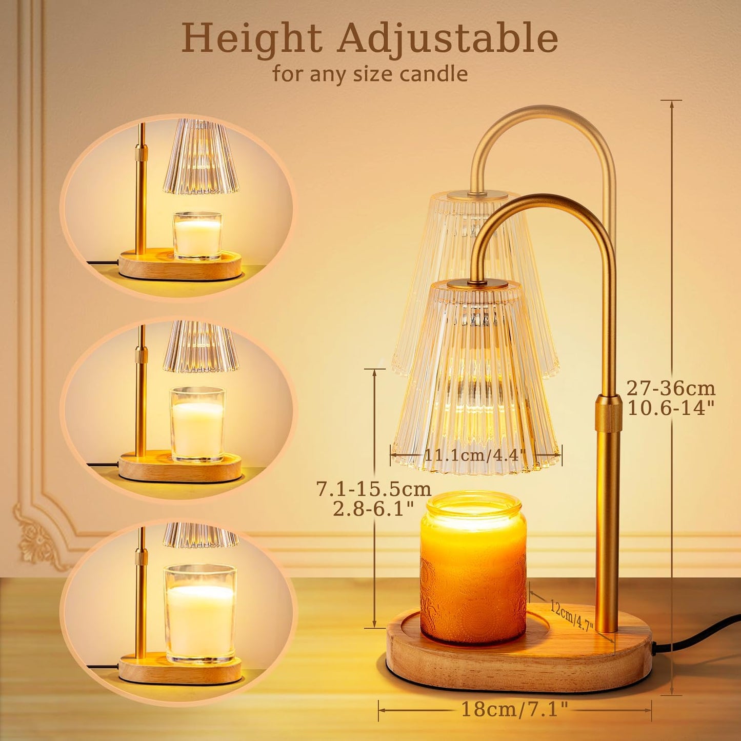 Table lamp with adjustable height for candles, showing measurements and usage scenarios.