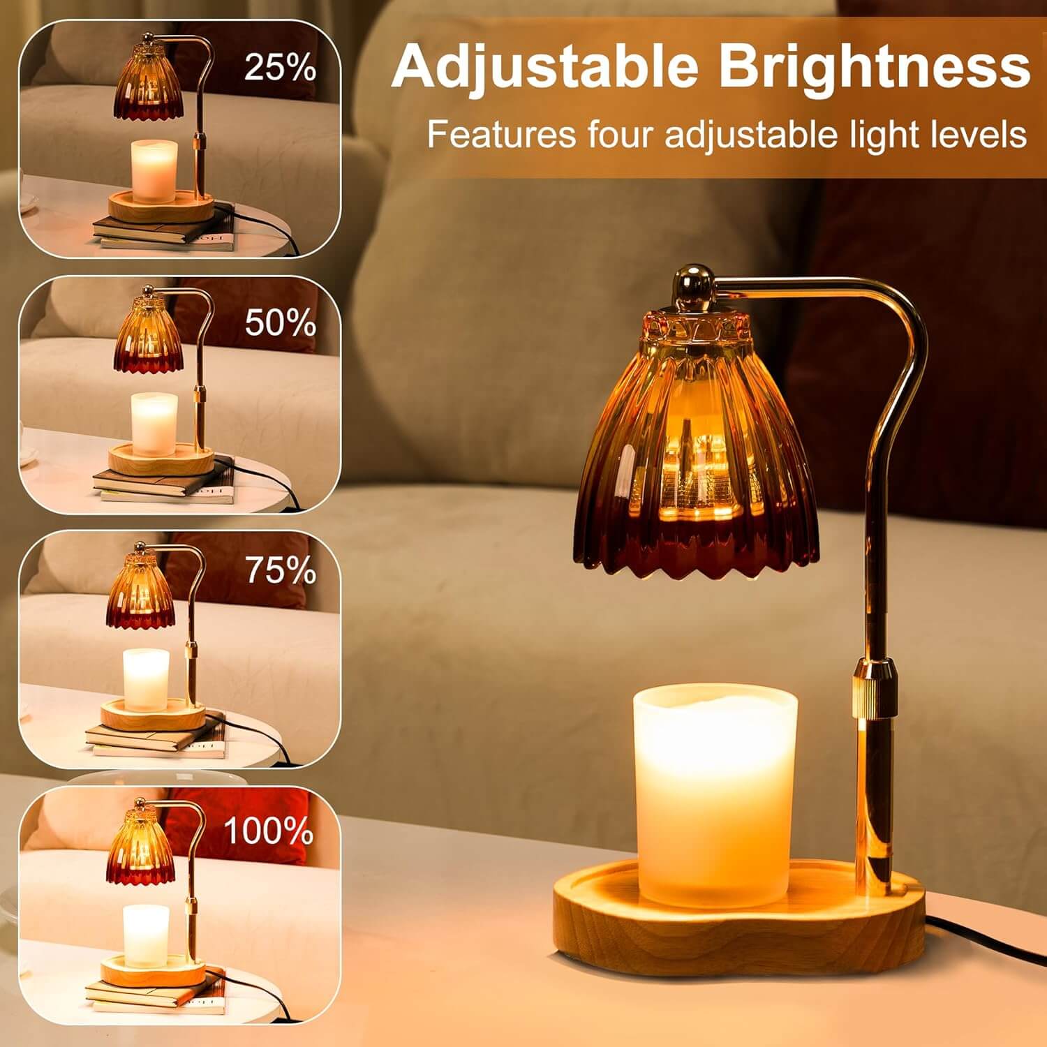 Table lamp with adjustable brightness levels shown on a table.