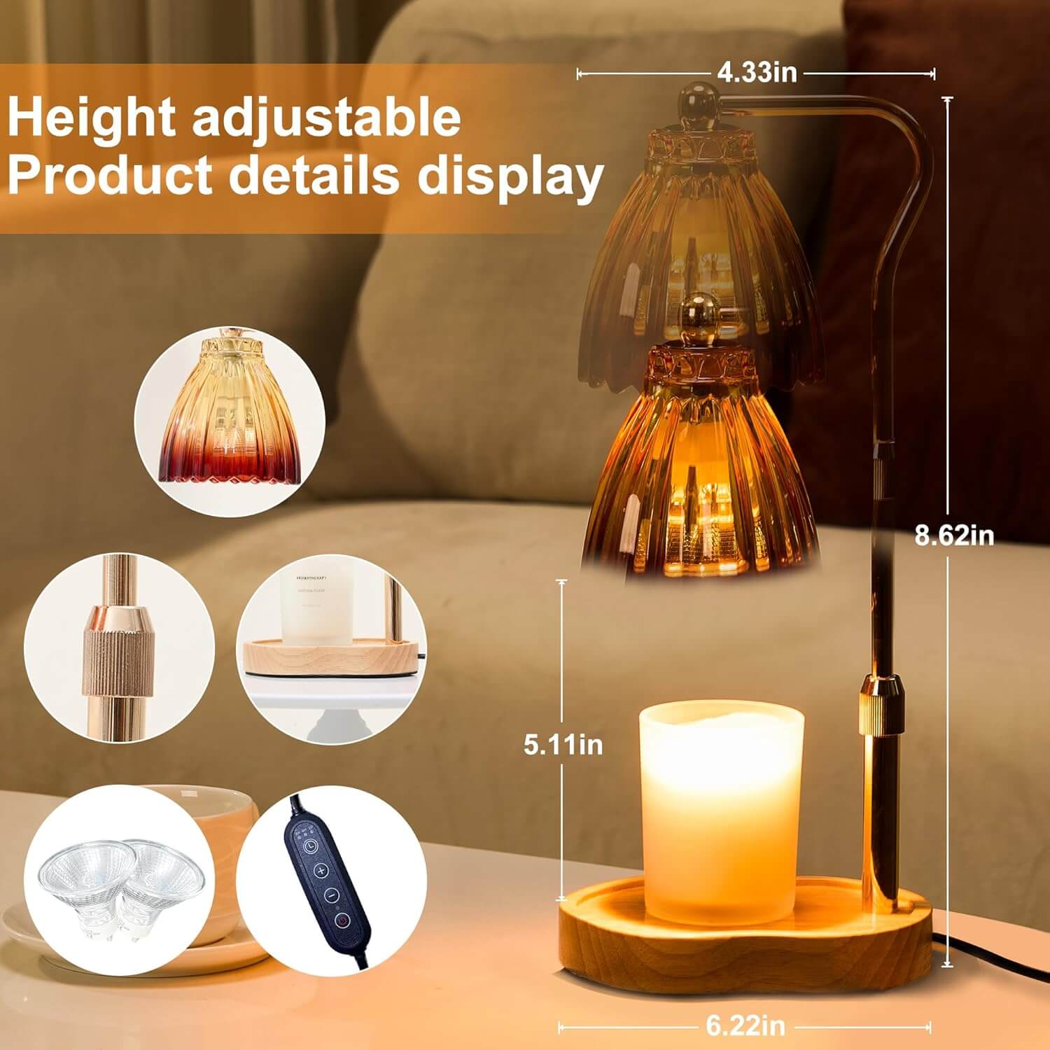 Height adjustable lamp with dimensions and product details on a neutral background