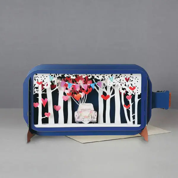 3D card with a car, trees, and heart balloons on a gray background