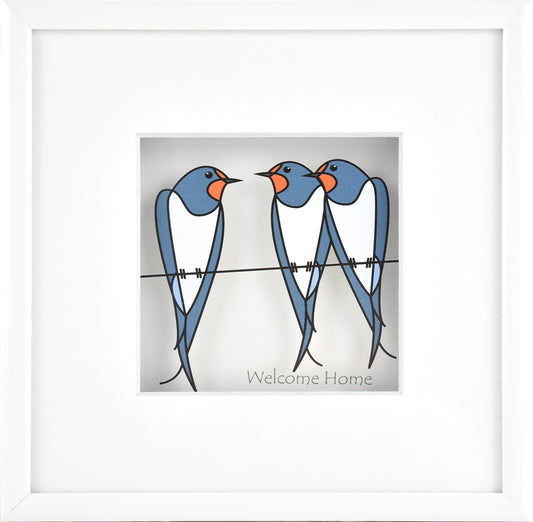Framed artwork of three blue birds on a wire with 'Welcome Home' text.