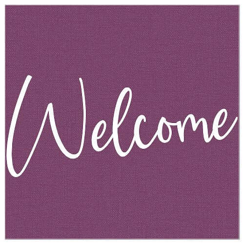 Purple napkin with 'Welcome' text in white