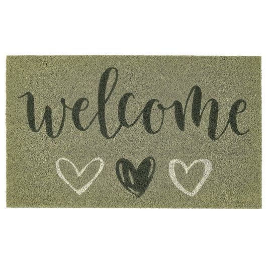 Green doormat with 'welcome' text and heart designs on a white background