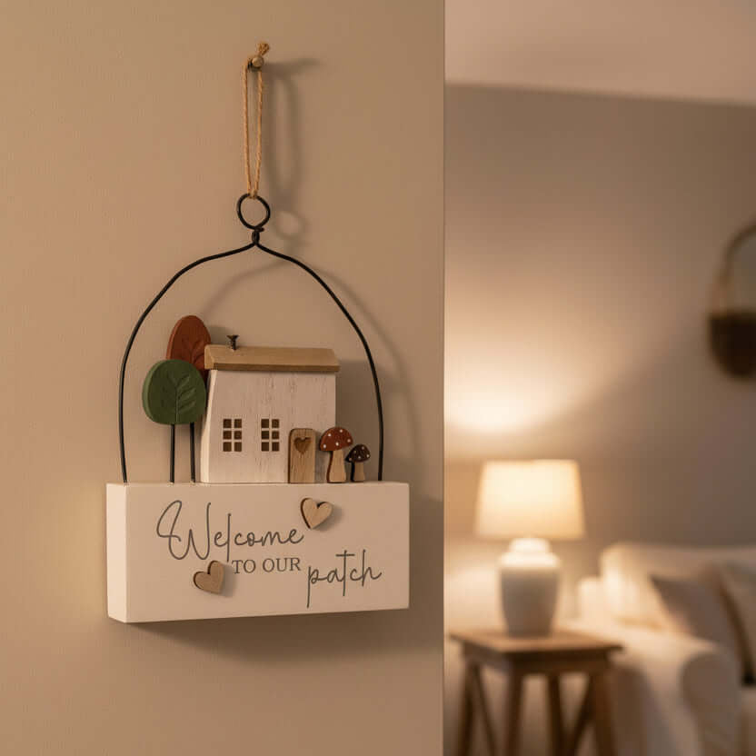 Decorative hanging sign with a house, trees, and mushrooms hanging on a wall
