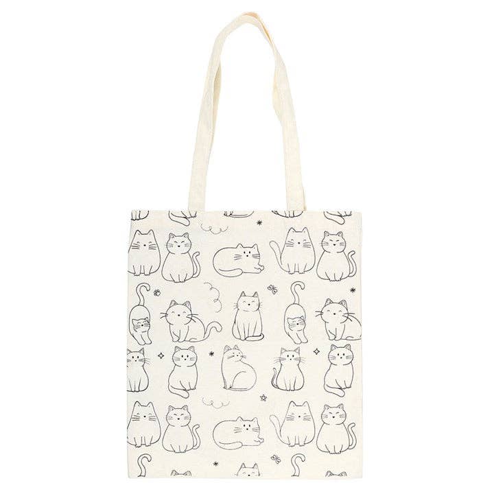 Tote bag with black cat illustrations on a white background