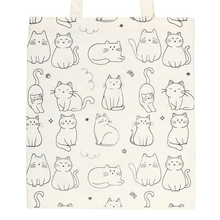 Tote bag with black cat illustrations on a white background