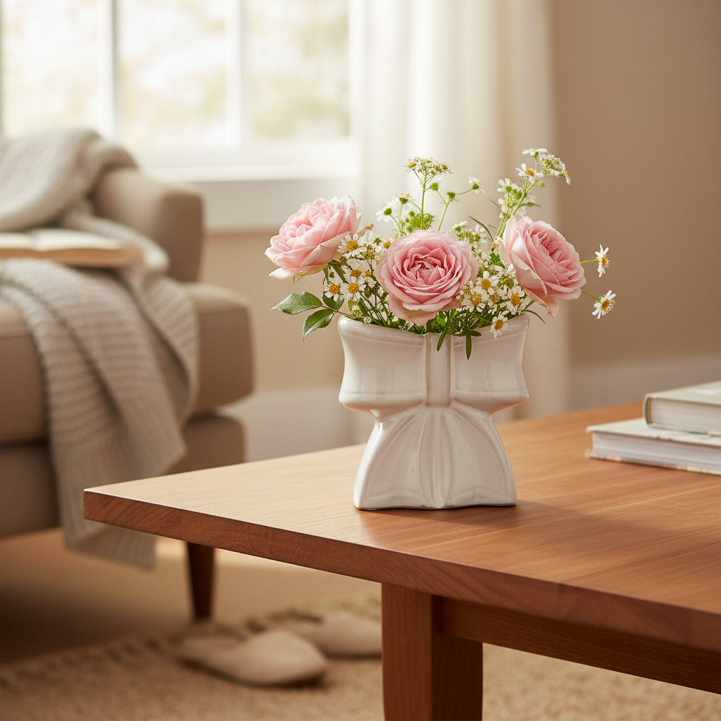 White ceramic bow-shaped vase with flowers on a coffee table