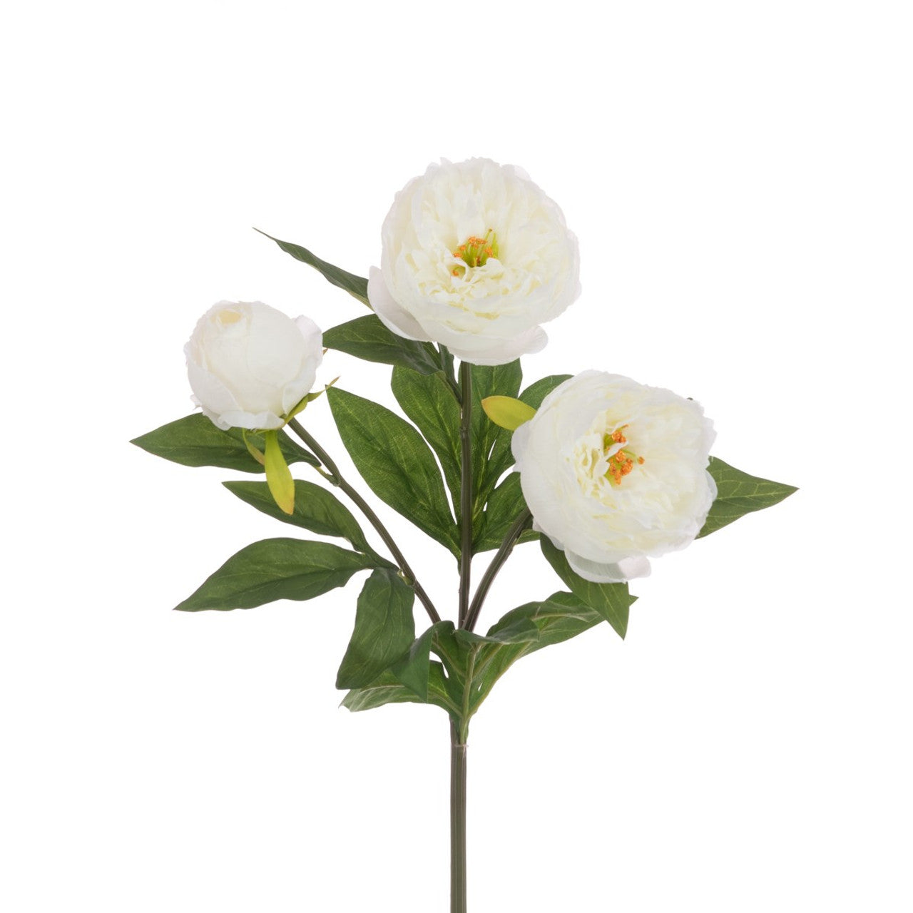 A stem of artificial white peony flowers with green foliage, featuring three flower heads with two fully open and one part open.