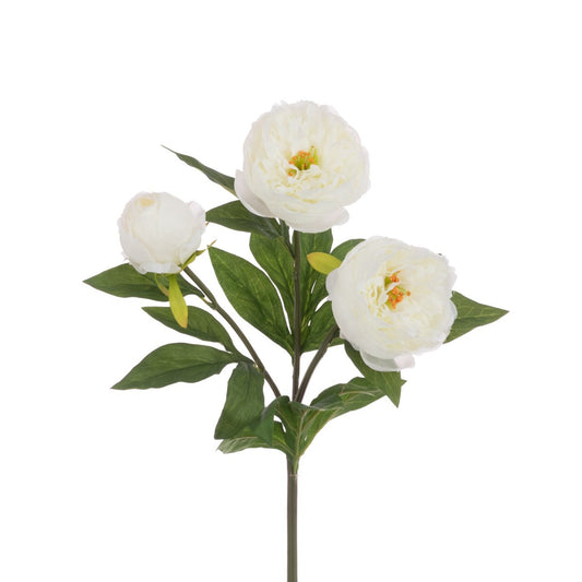 A stem of artificial white peony flowers with green foliage, featuring three flower heads with two fully open and one part open.