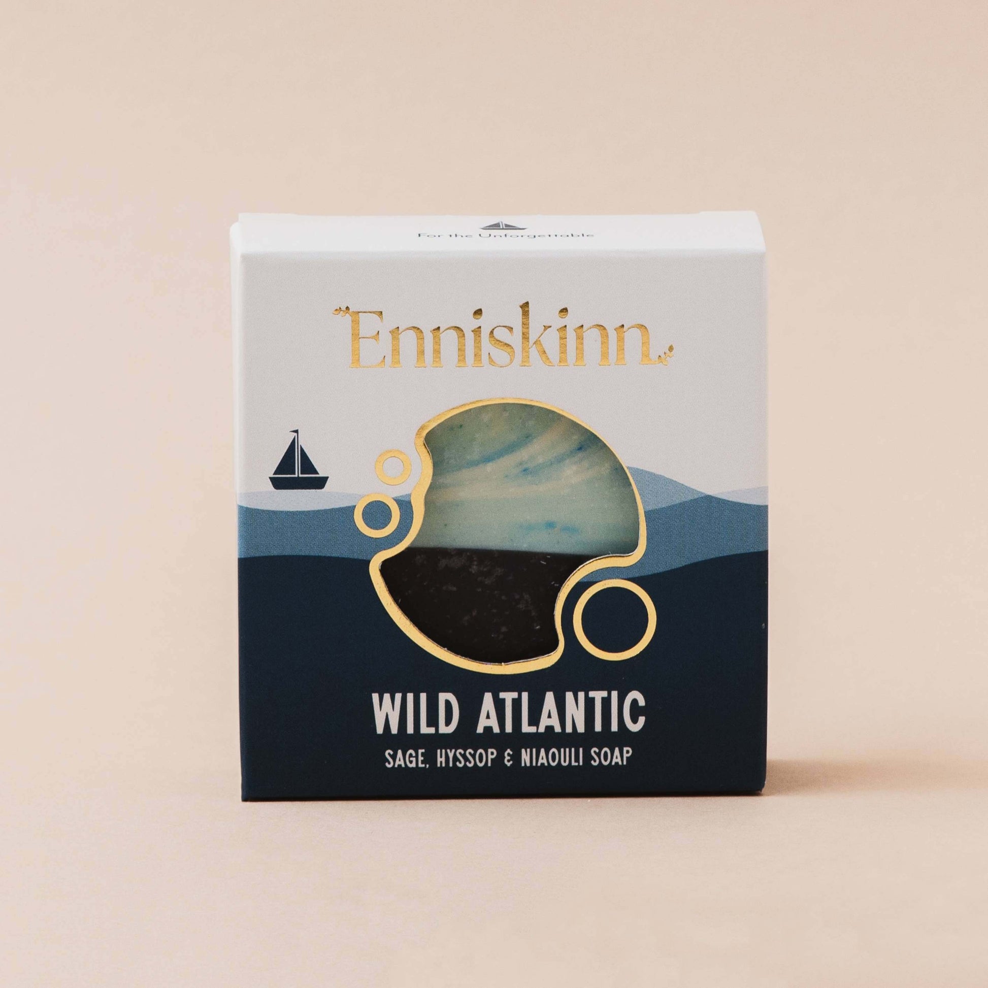 Enniskinn Wild Atlantic soap packaging on a beige background