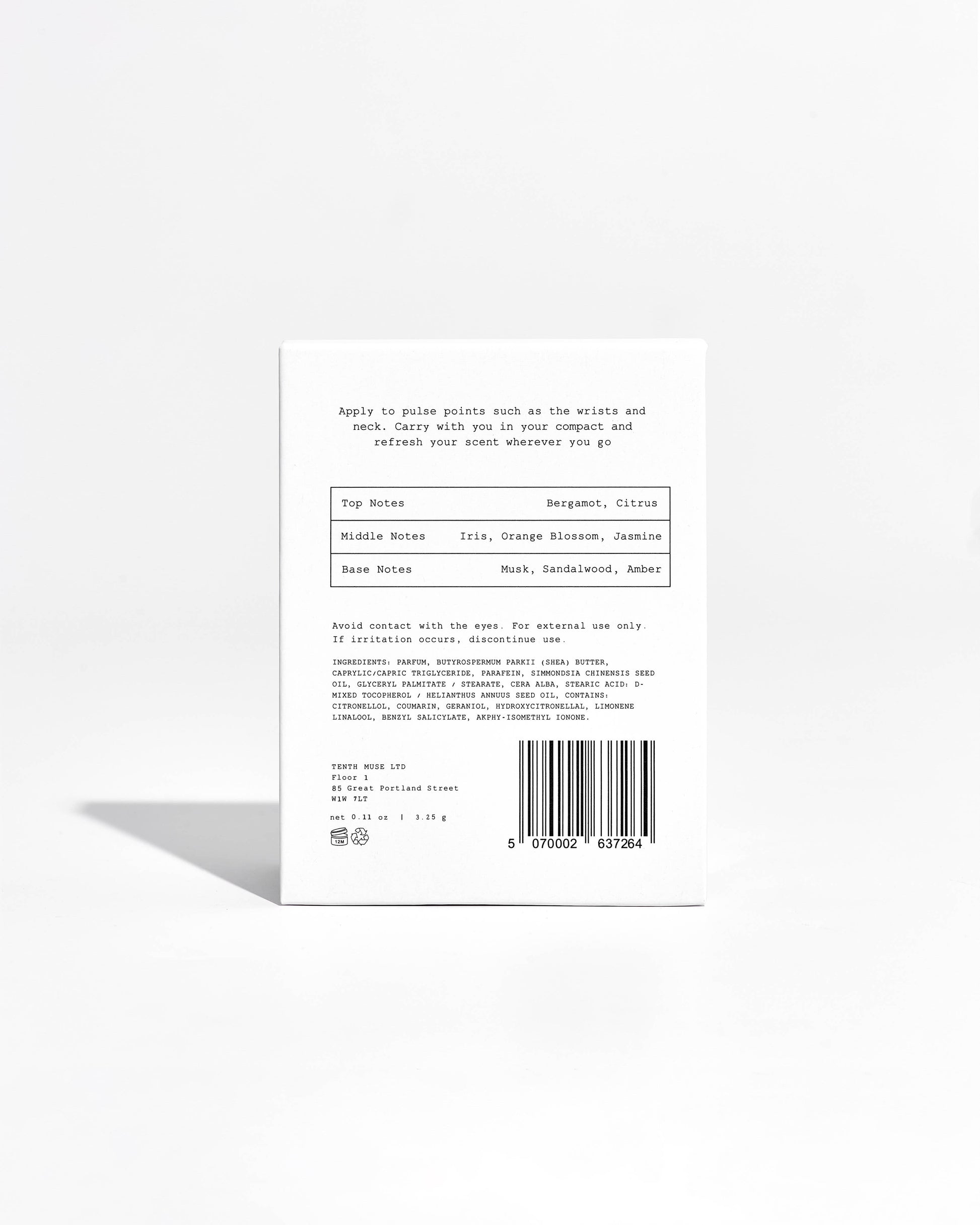 Product label with text and a barcode on a white background