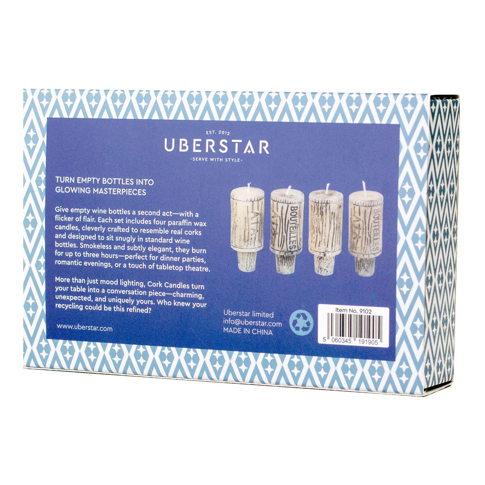 Box of Uberstar candles with blue and white design
