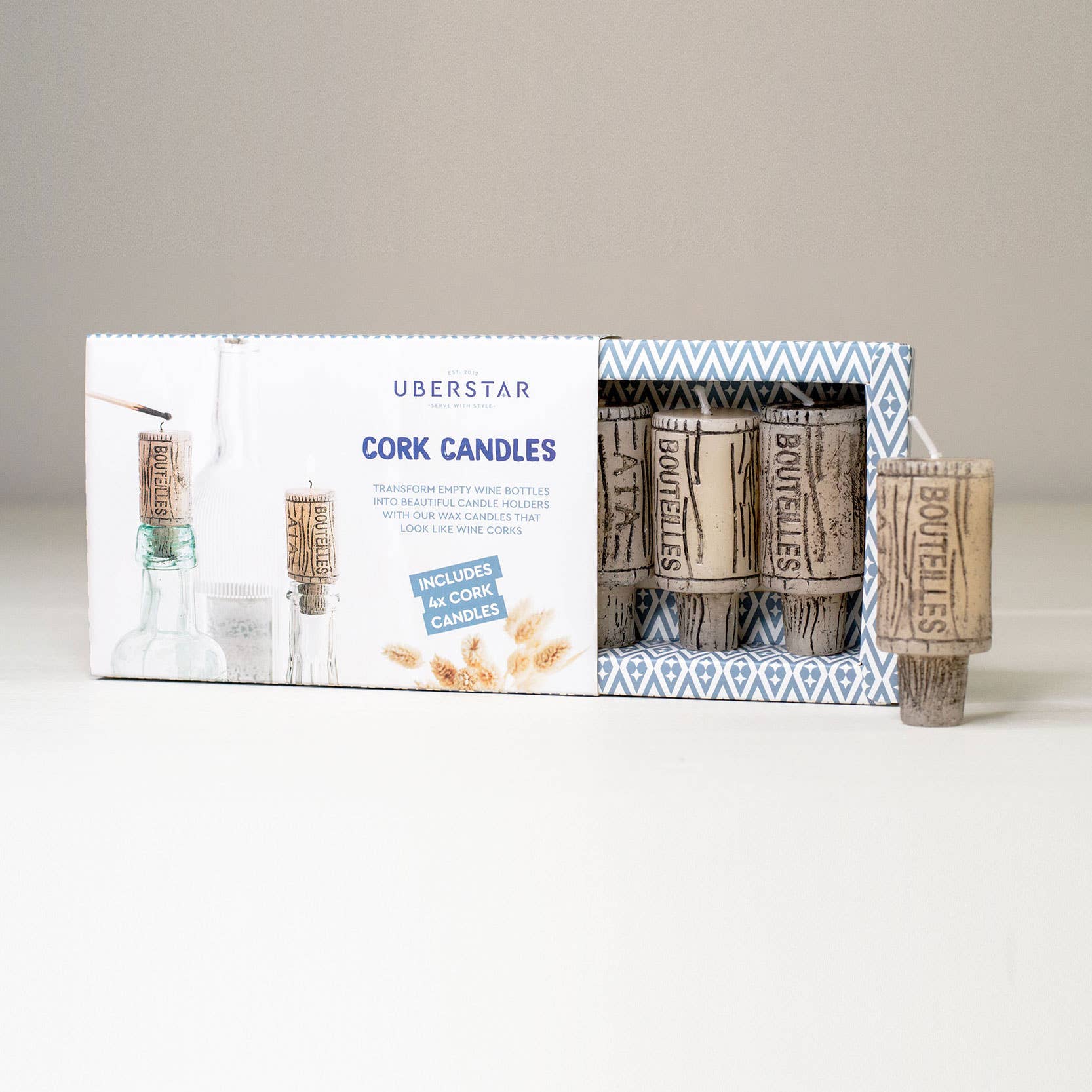 Box of Uberstar cork candles with visible branding and product images.
