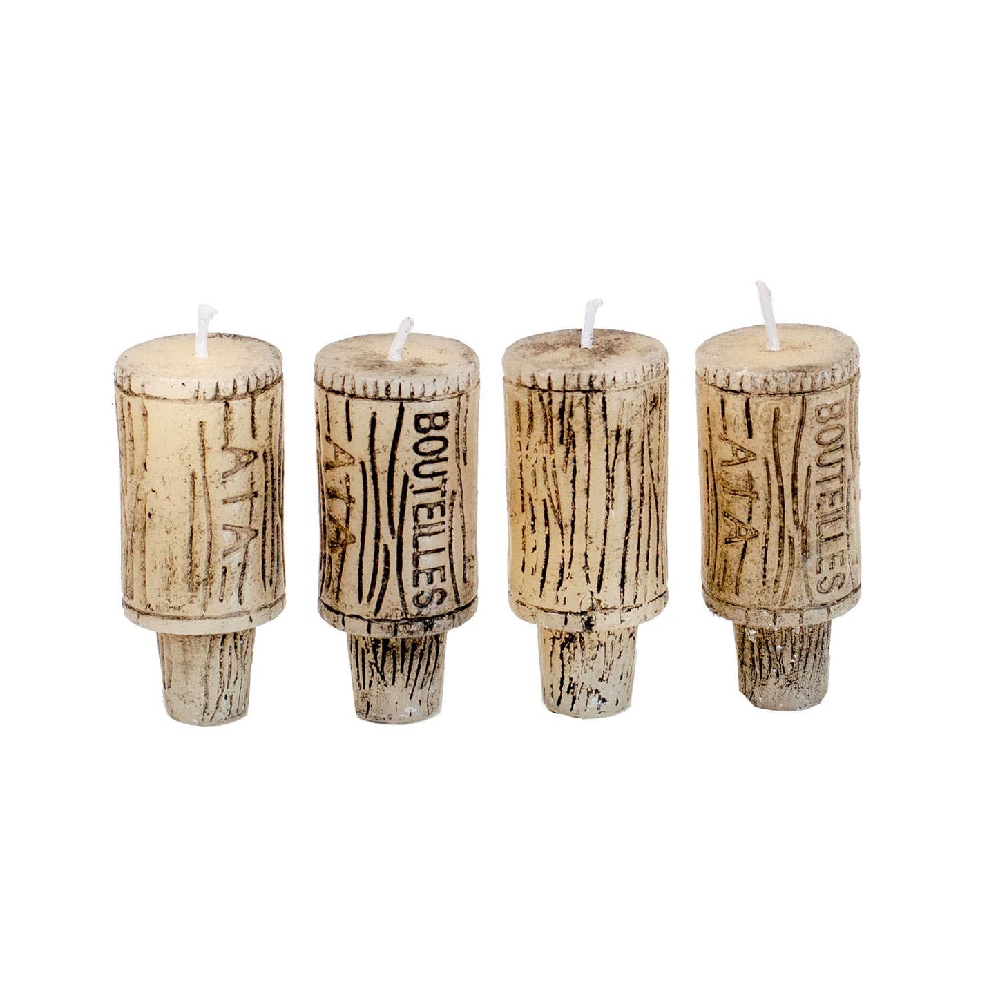 Four candle shaped like wine bottle corks on a white background